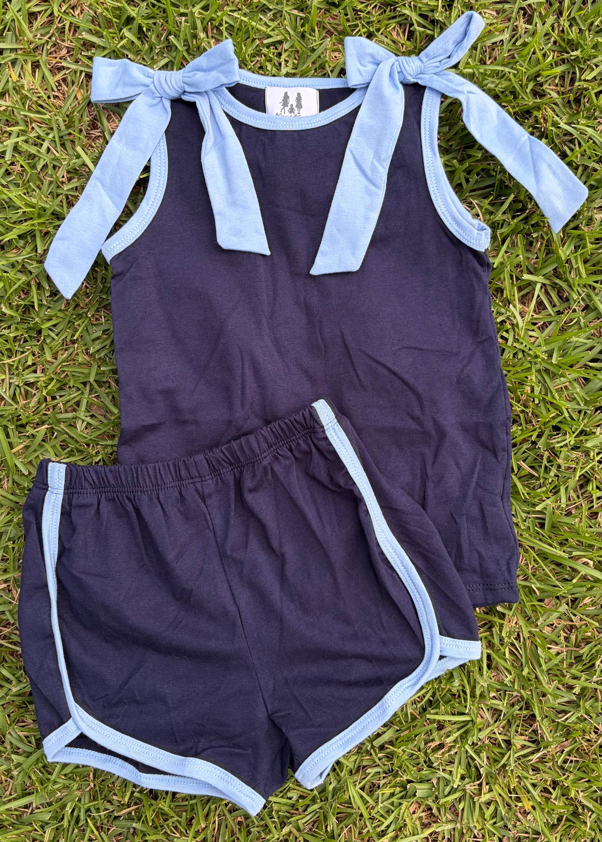 Shoulder Tie Girl Short Set, Navy Blue/Blue