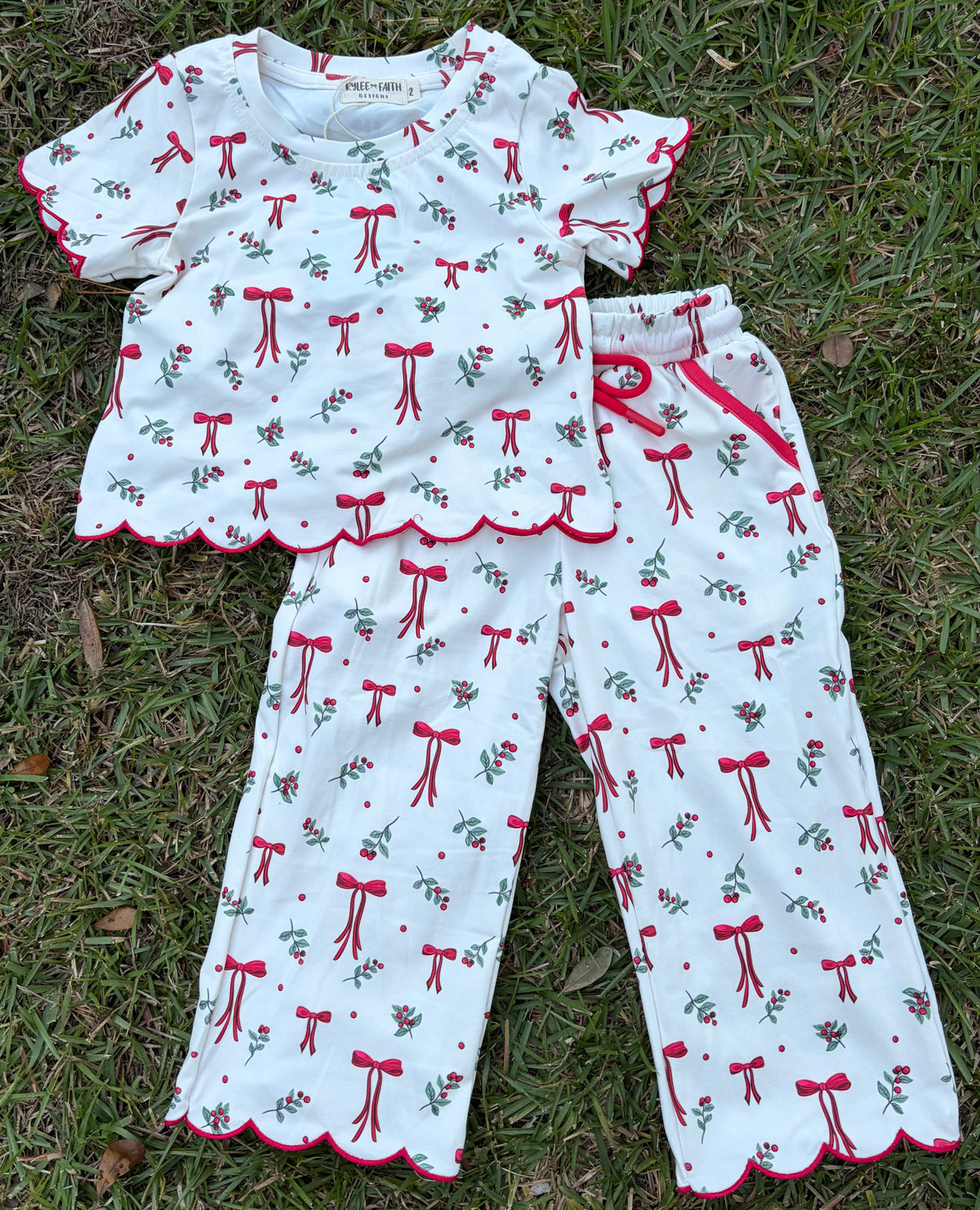 Christmas Girls Bow and Holly Print Scallop Trim Pant Set