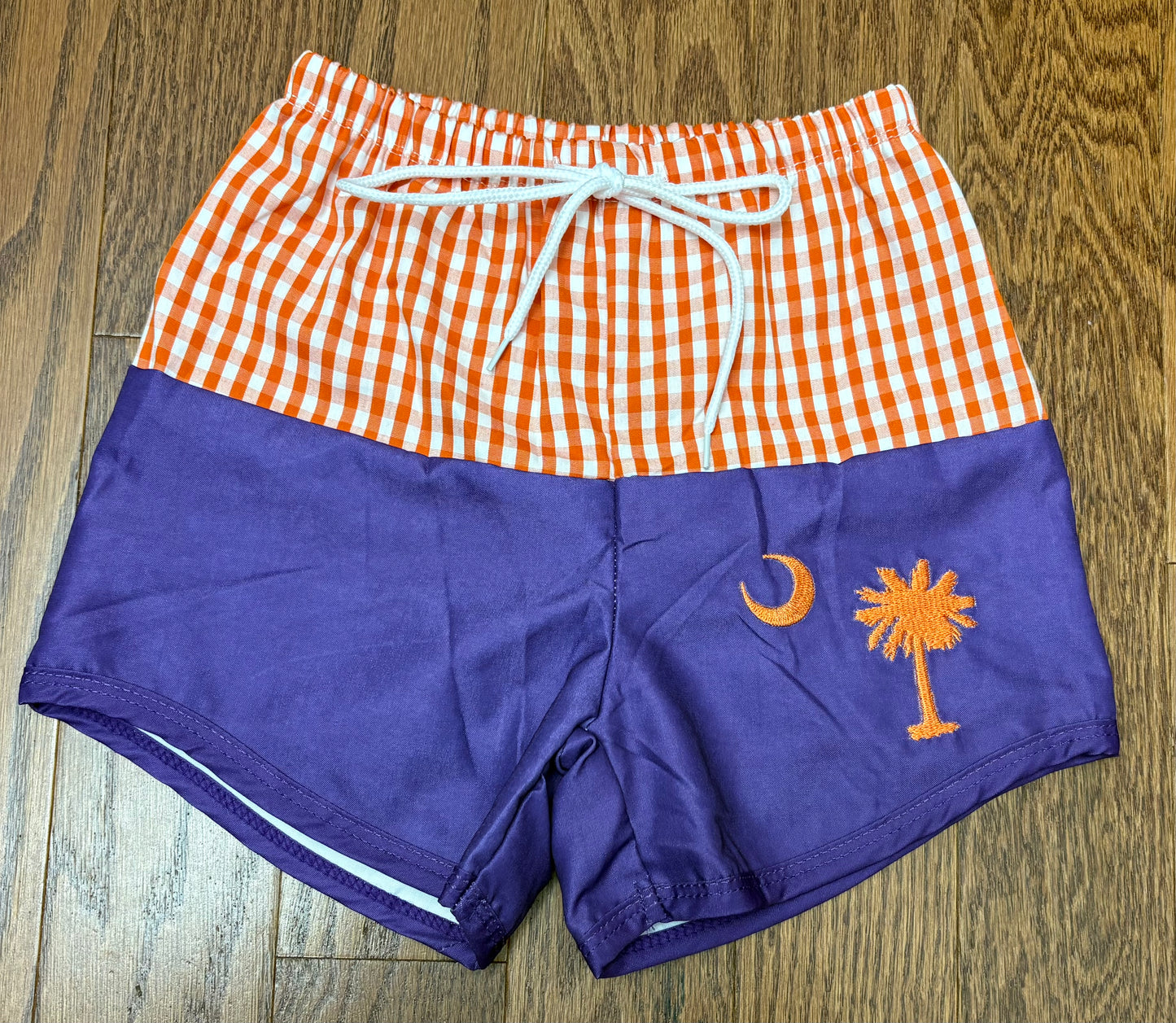 Orange and purple, Clemson boy swim trunks