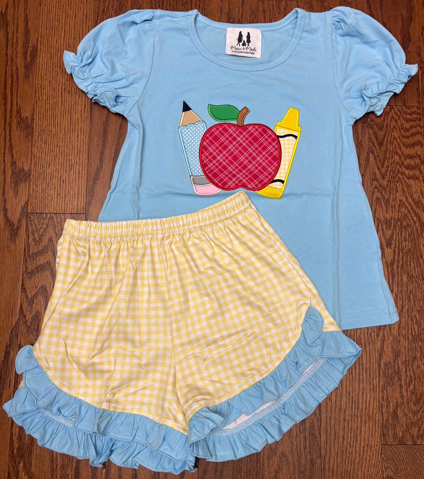 Back to school Pencil, Apple and Crayon girl short set