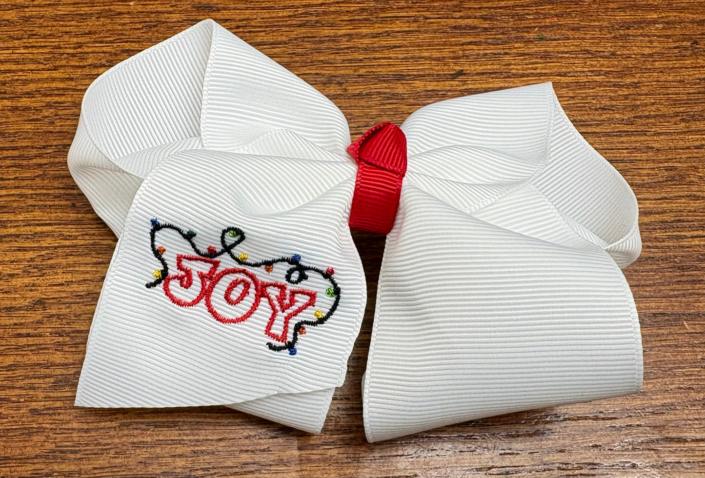 Joy Christmas Lights Embroidered Bow