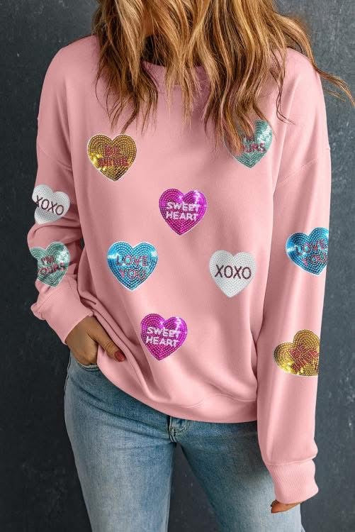Pink Sequin Romantic Letters Heart Graphic Valentines Women’s Sweatshirt