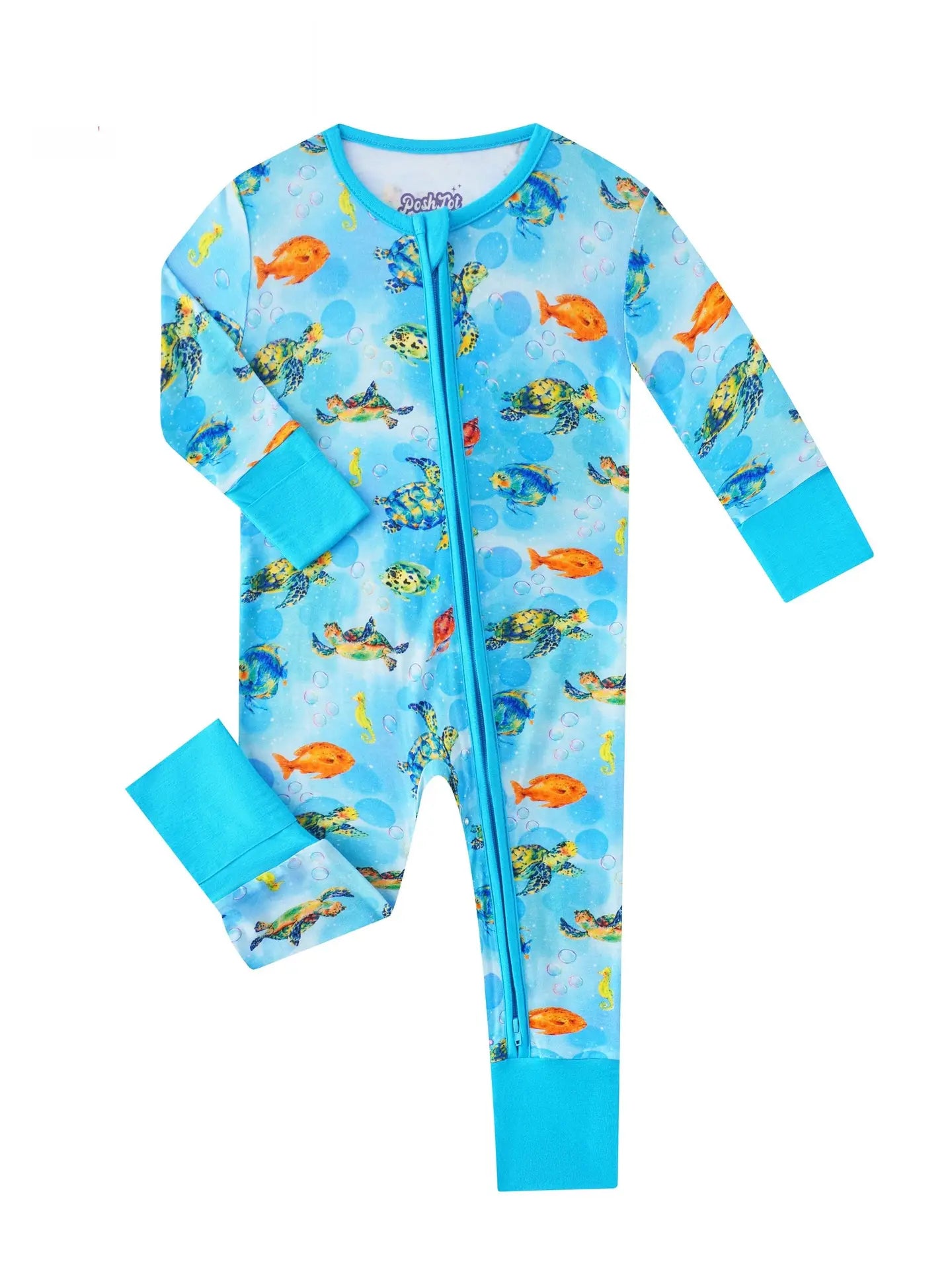 Posh Tot Sea Turtle Bamboo Baby Convertible Zippy Romper