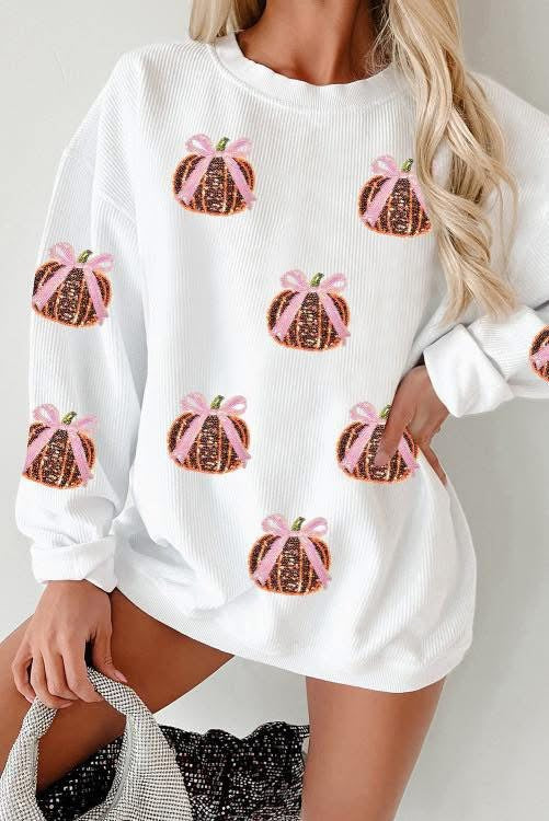 White Twisted Ribbed Sequin Bow Pumpkin Graphic Baggy Sweatshirt, Womens