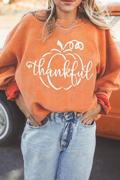 Orange Pumpkin thankful Graphic Corded Thanksgiving Sweatshirt, womens