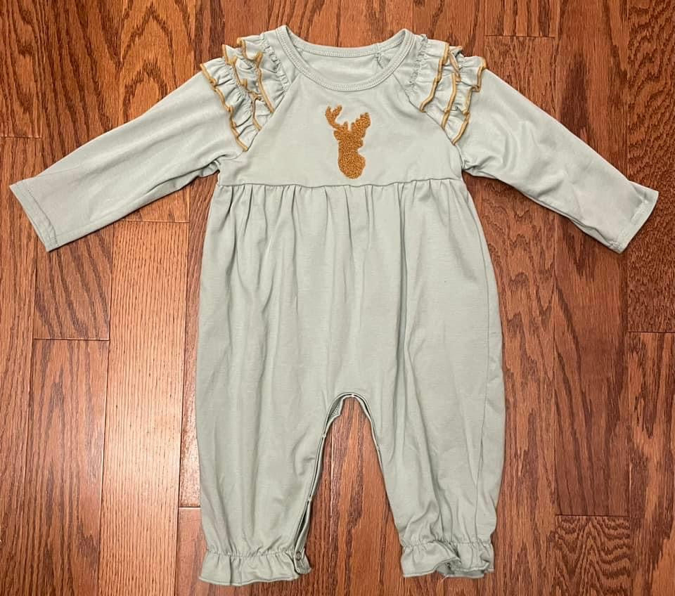 Machine French Knot Deer Girls long romper