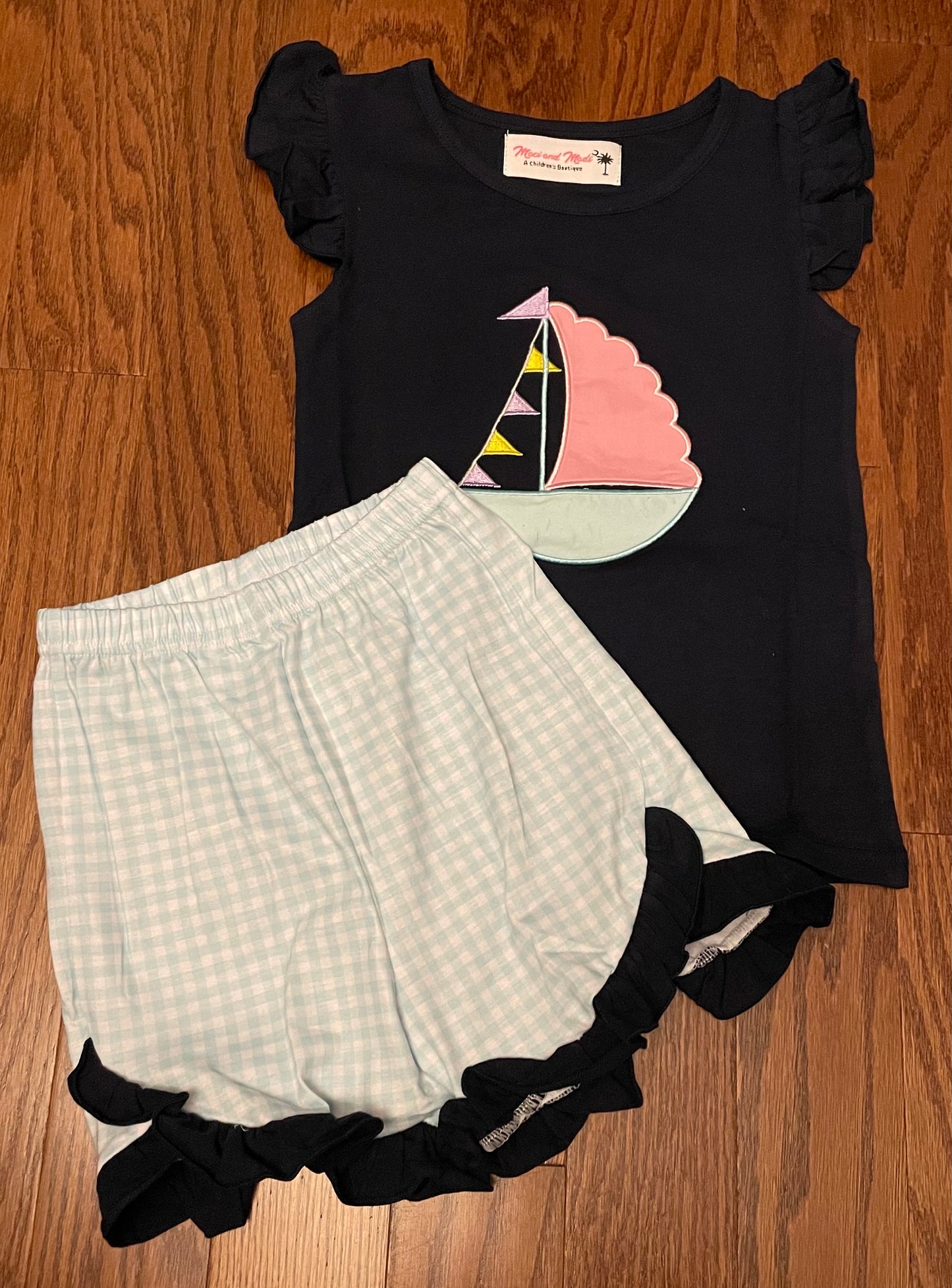Navy sailboat girl short set