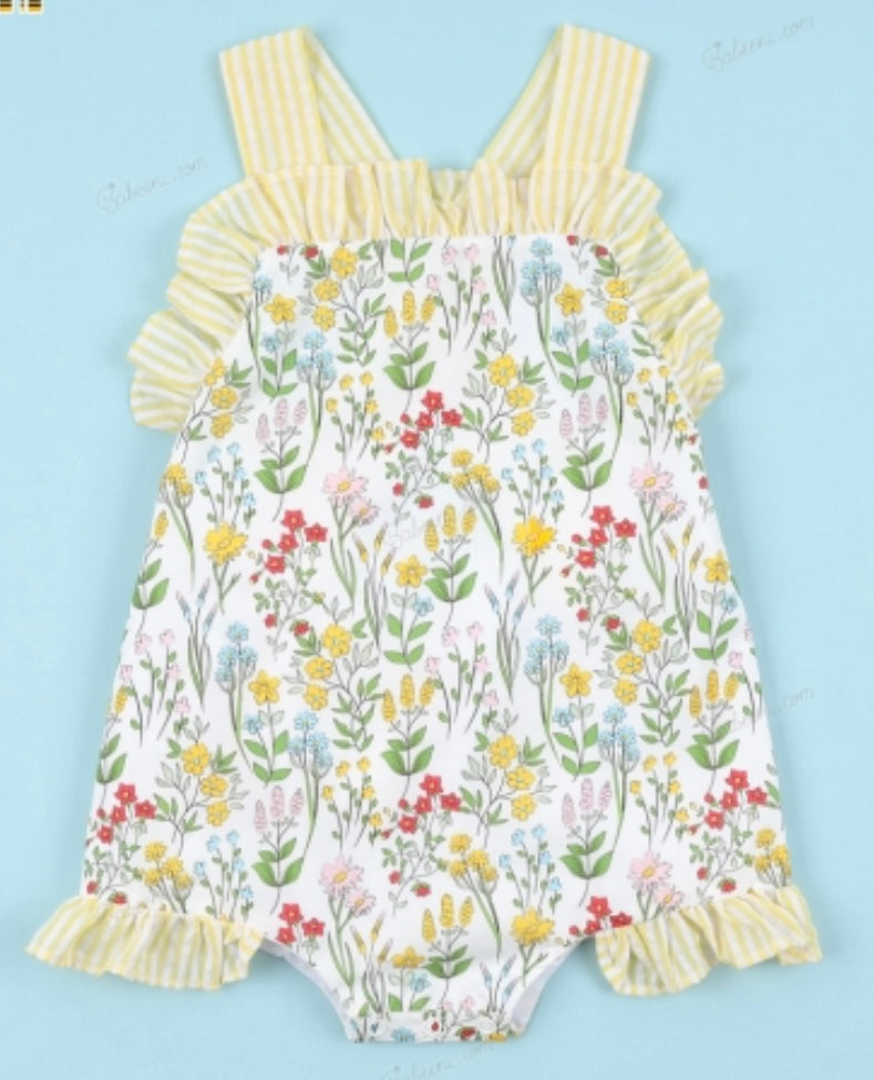 Yellow floral girl sun suit bubble