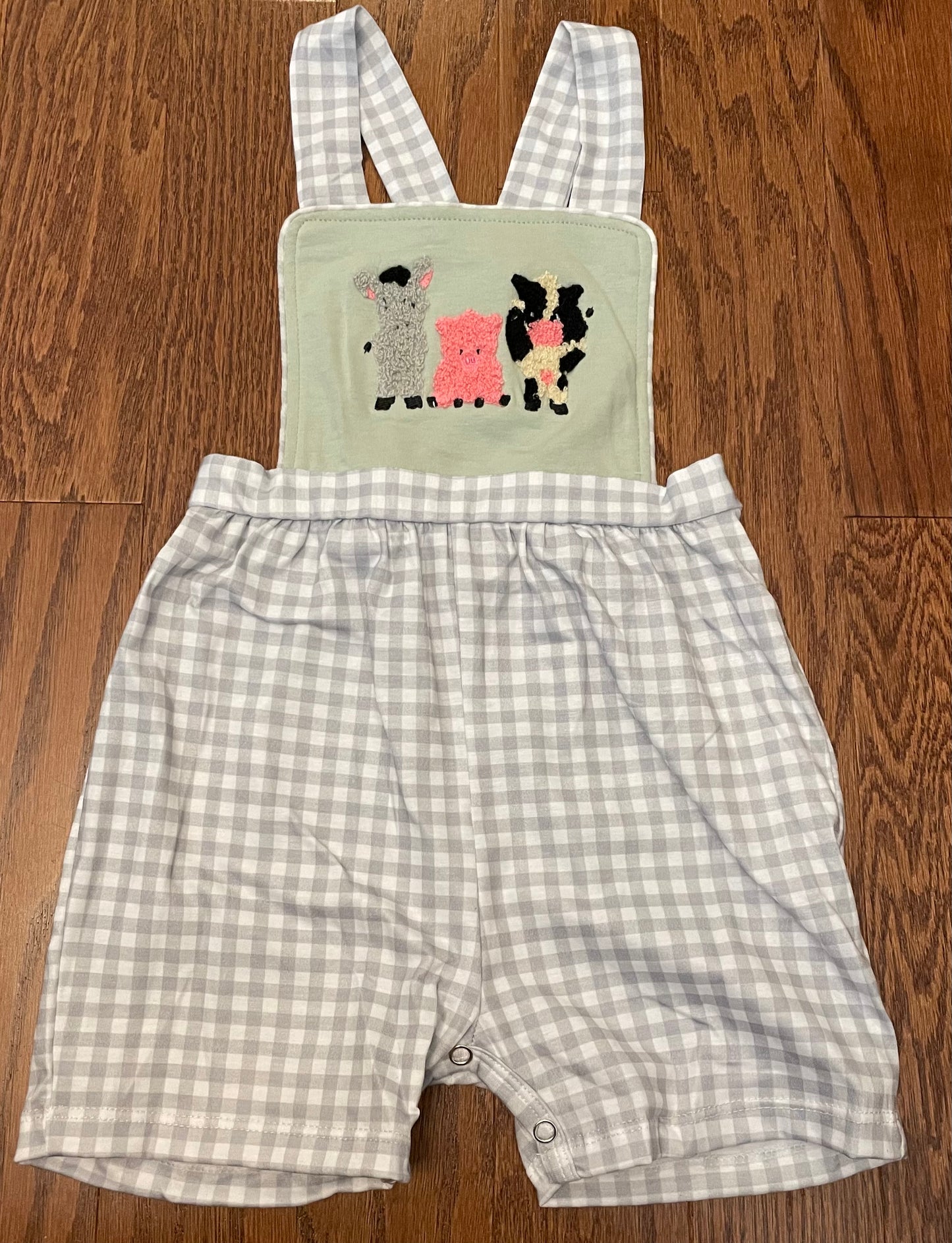 Machine French knot farm animal boy romper