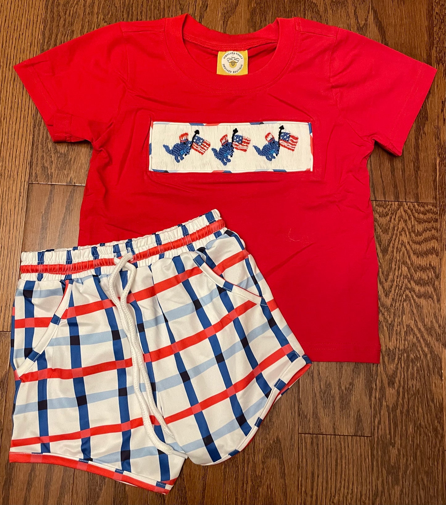 Smocked dinosaur holding the flag boys short set