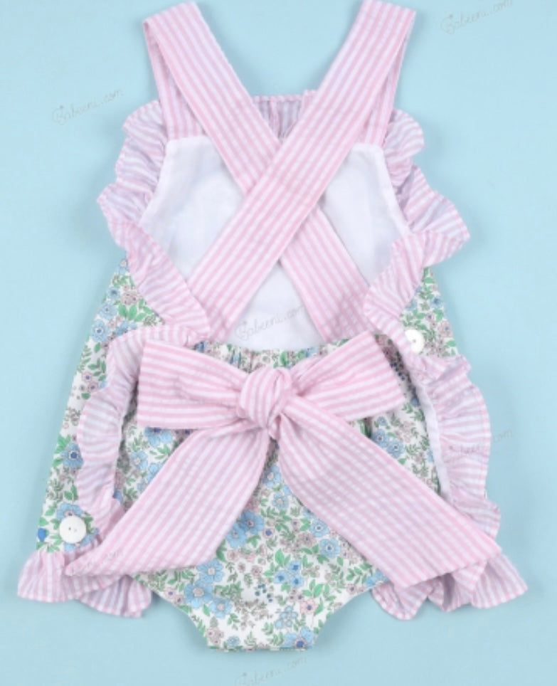 Blue and pink floral girl sun suit bubble