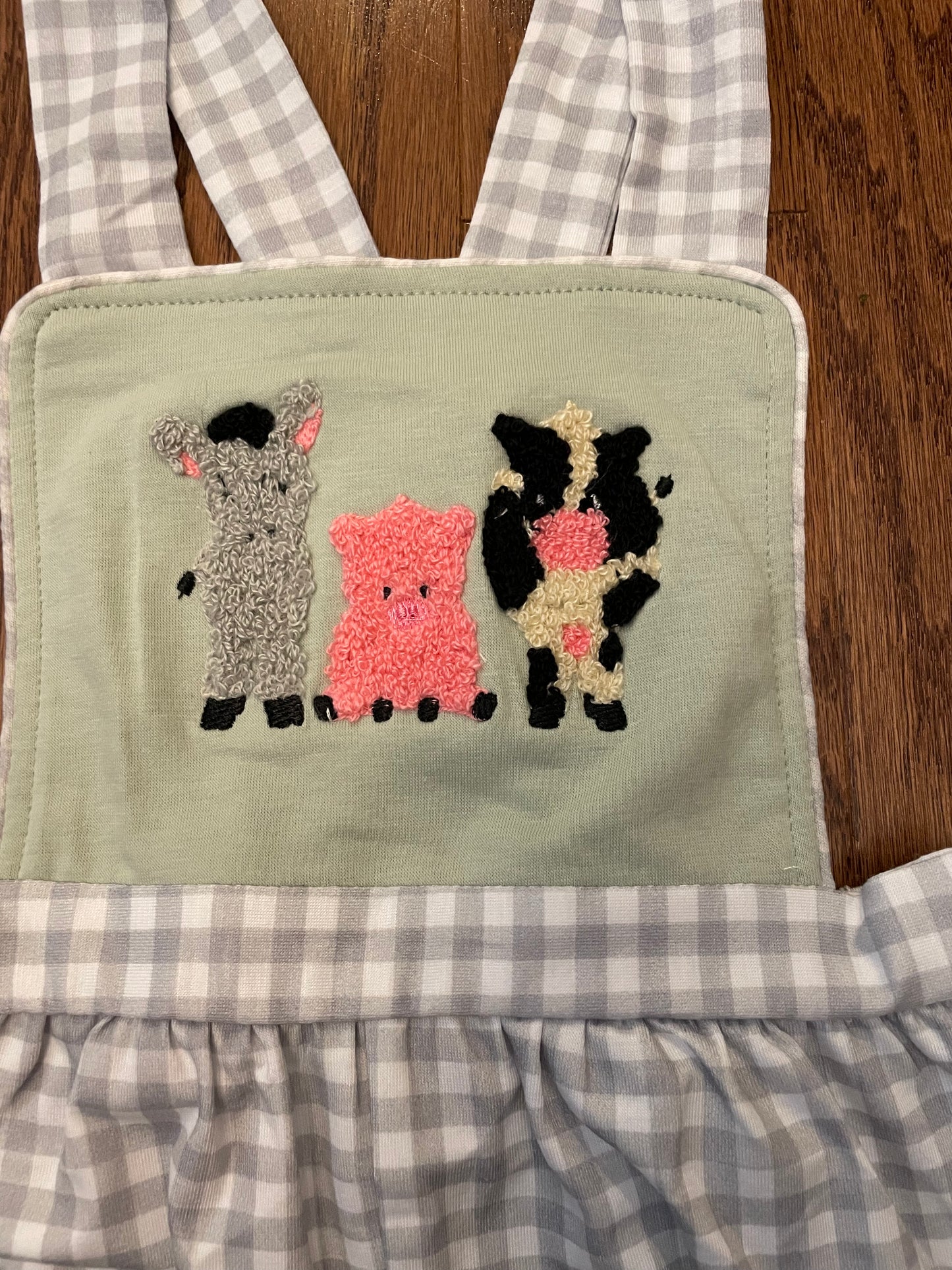 Machine French knot farm animal boy romper