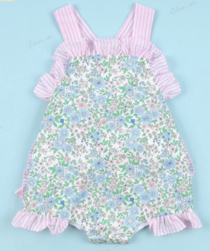 Blue and pink floral girl sun suit bubble