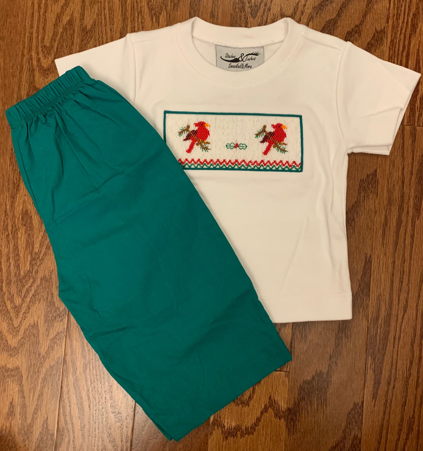 Smocked red bird holiday boys pant set