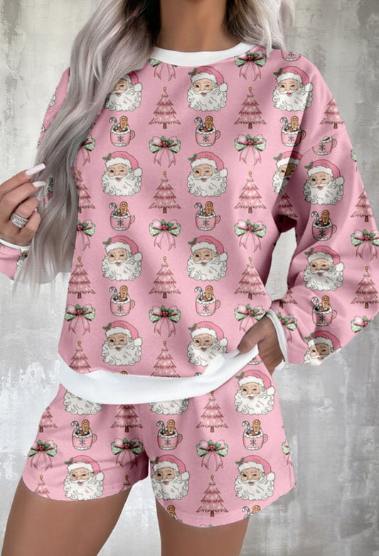 Pink Ho Ho Ho Christmas Fashion Print 2pcs Lounge Short Set