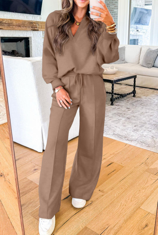 Dark Khaki Polo Collar V Neck Pullover and Drawstring Sweatpants Set