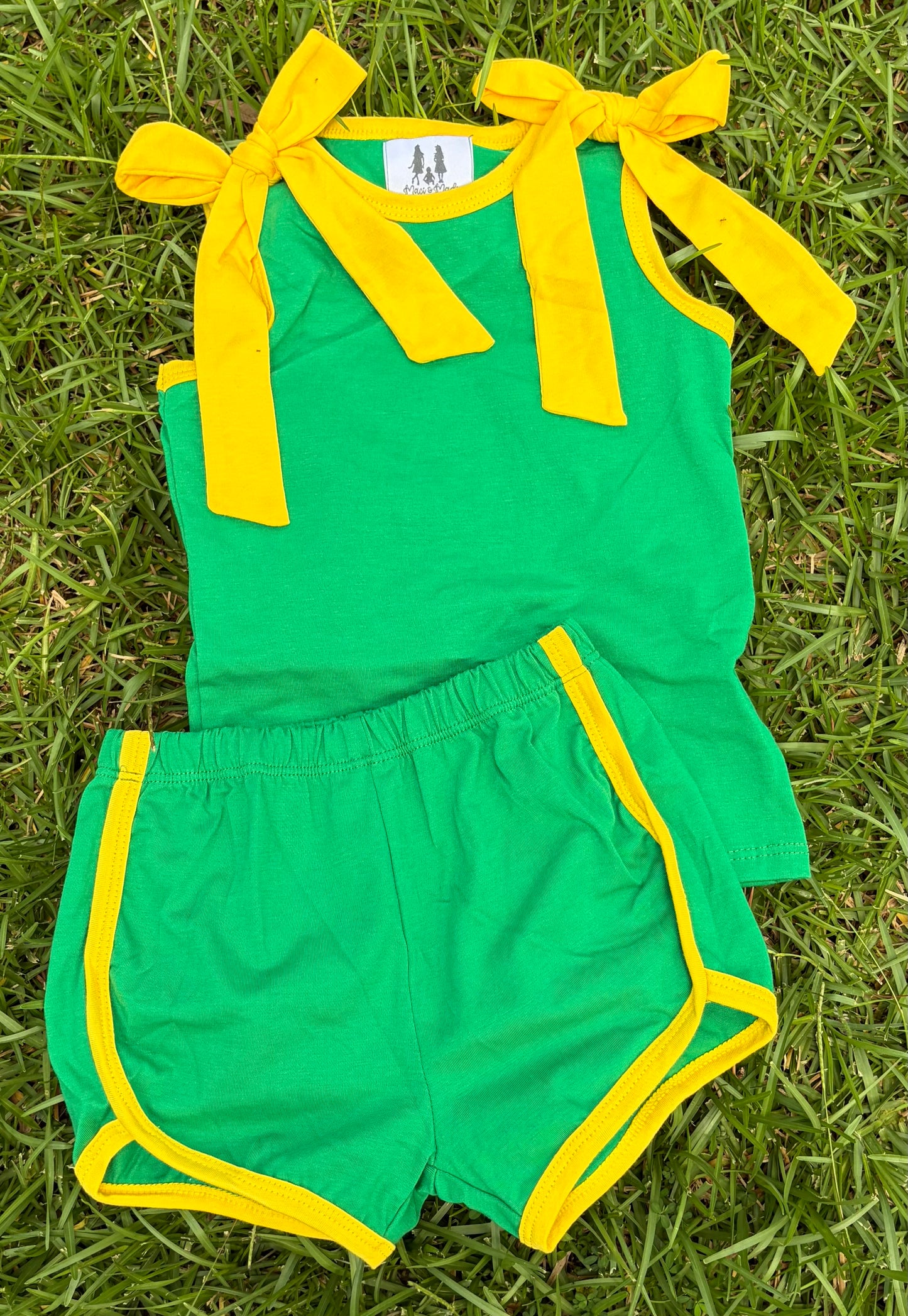 Shoulder Tie Girl Short Set, Green/Yellow