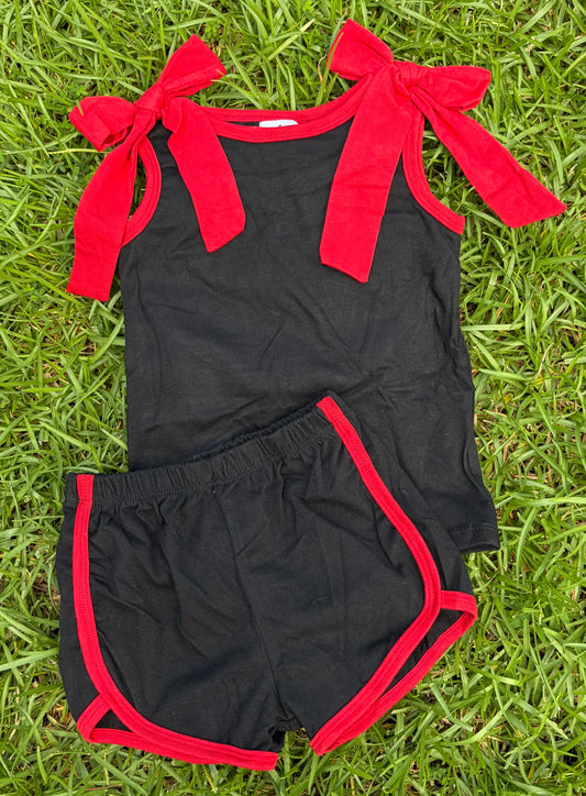 Shoulder Tie Girl Short Set, Red/Black