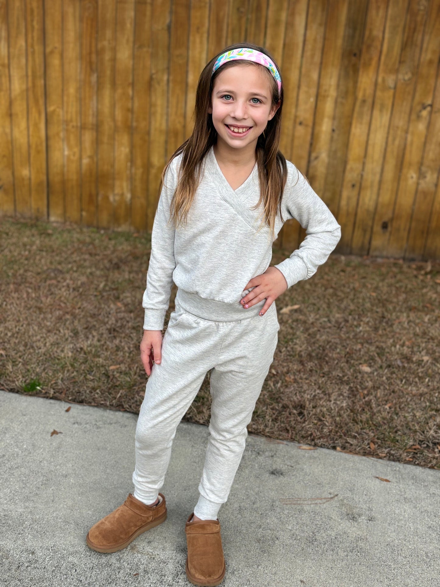 Girls Cross Over Pullover and Jogger Set - Light Grey