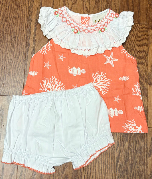 Coral Geometric smocked girl set