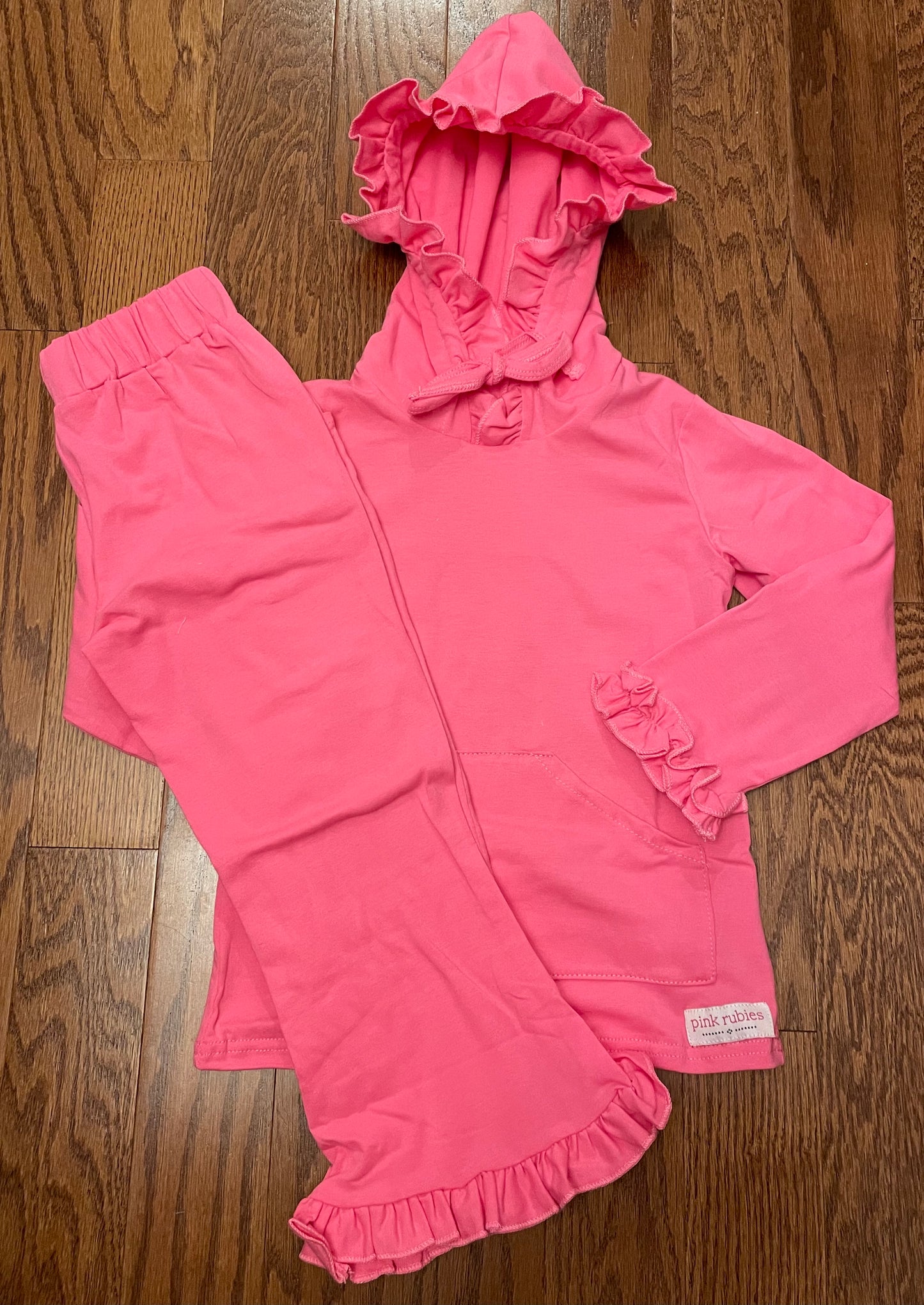 Ruffle hoodie pant set, pink