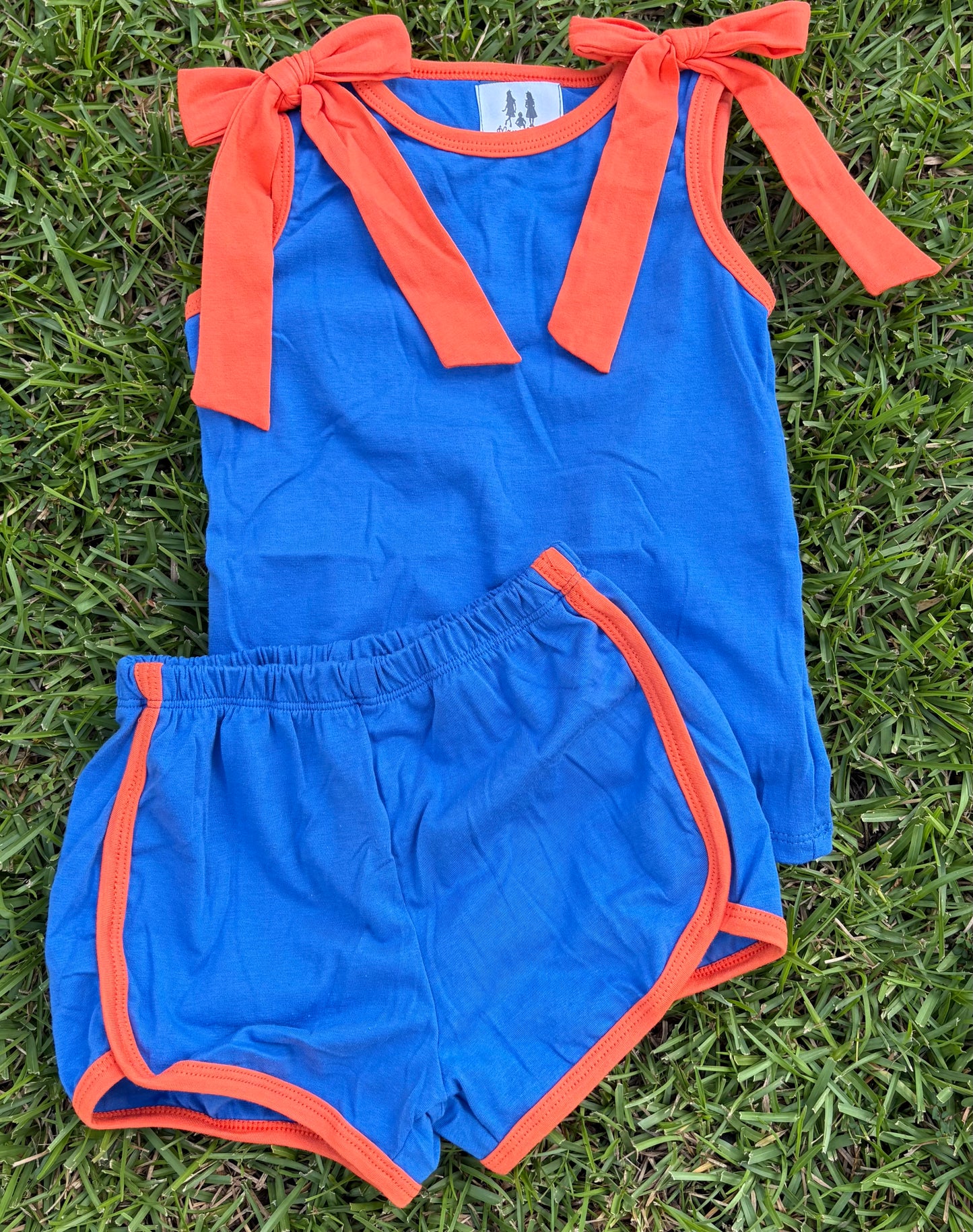 Shoulder Tie Girl Short Set, Blue/Orange