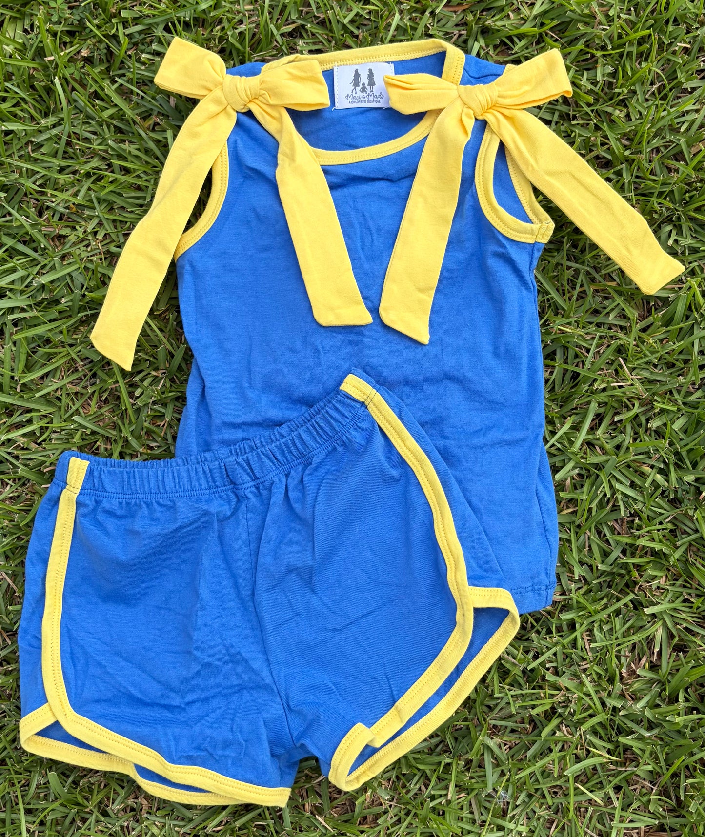 Shoulder Tie Girl Short Set, Blue/Yellow