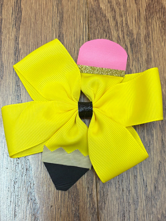 Back To School Pencil Bow 4.3 Inch Hair Clip