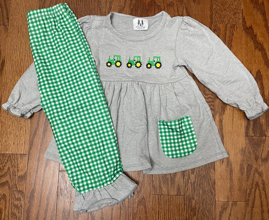 Green tractor girl pant set