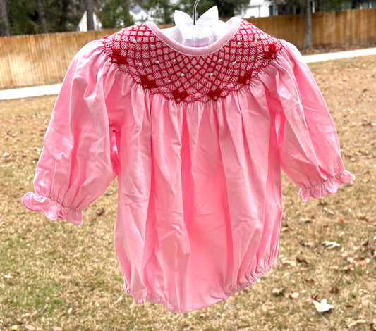 Smocked Red Ribbon with pearls girl bubble