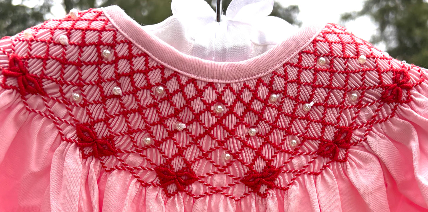 Smocked Red Ribbon with pearls girl bubble