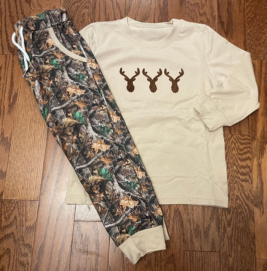 Machine French Knot Deer Head boy pant set