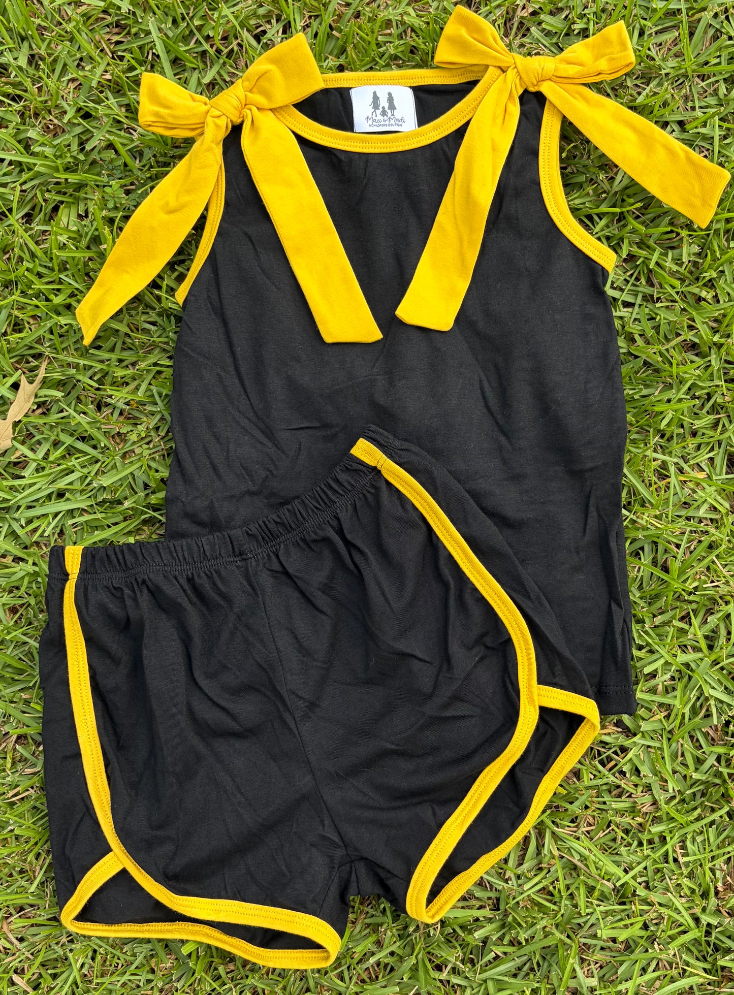 Shoulder Tie Girl Short Set, Black/Gold