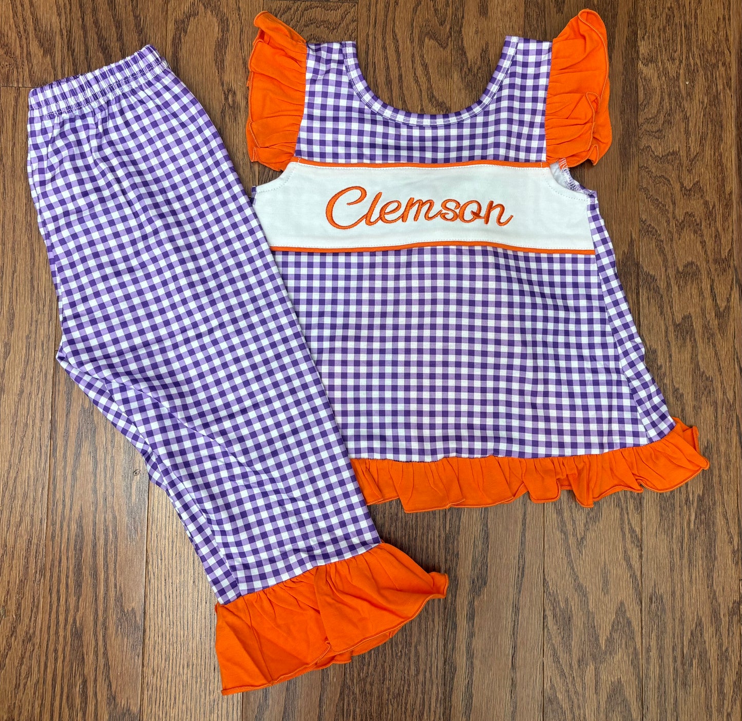 Orange and Purple Clemson girls tie bow back pant set, Knit Cotton