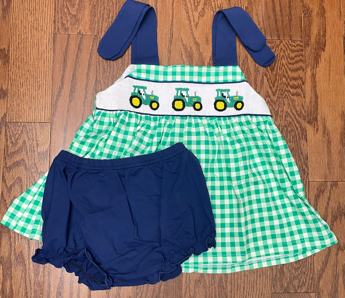 Smocked tractor girl bloomer set