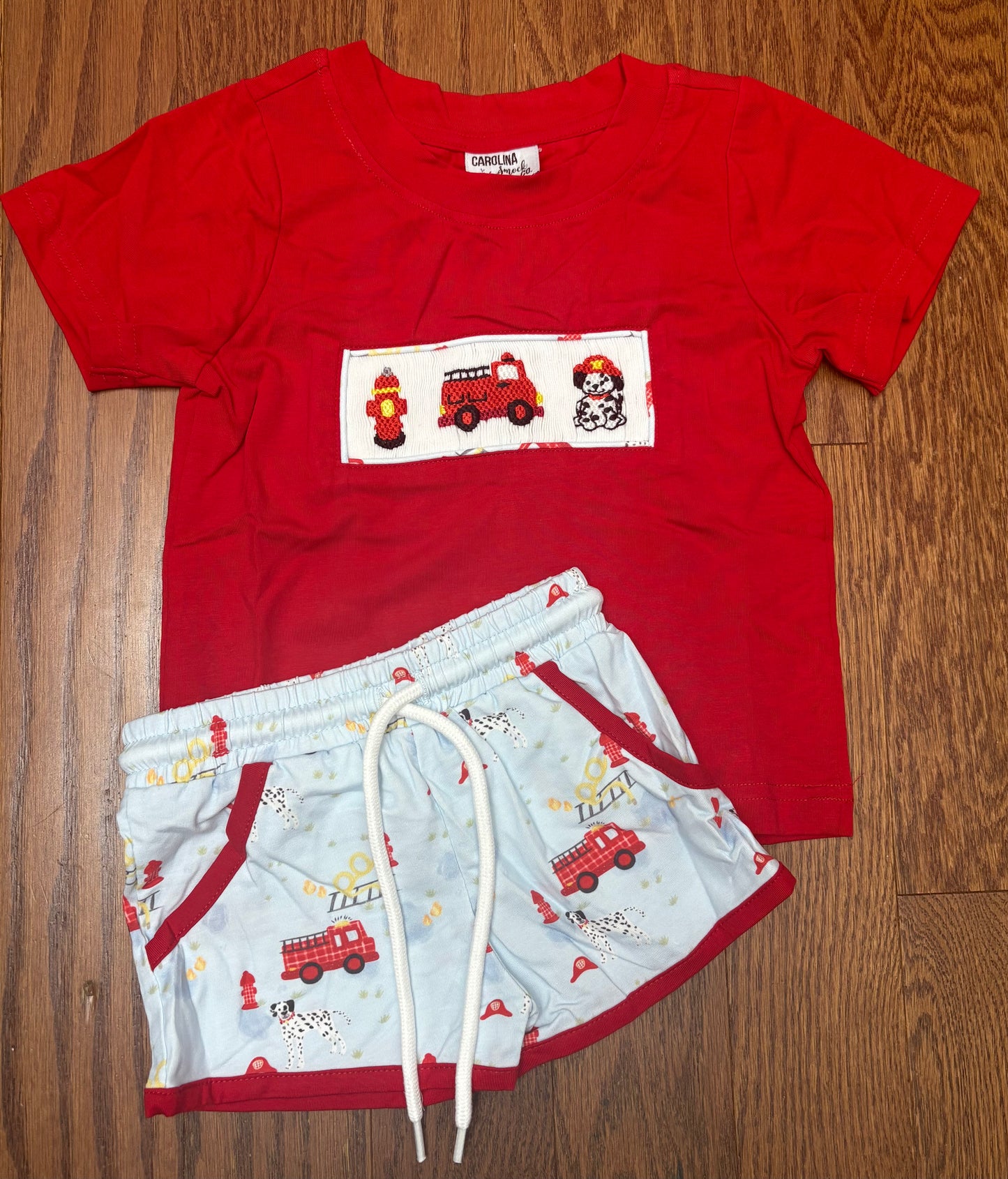 Smocked Fire Fighter, Fire Truck boy short set