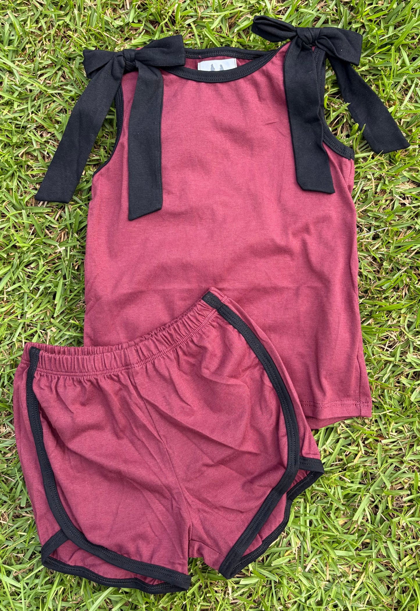 Shoulder Tie Girl Short Set, Garnet Family Color/Black