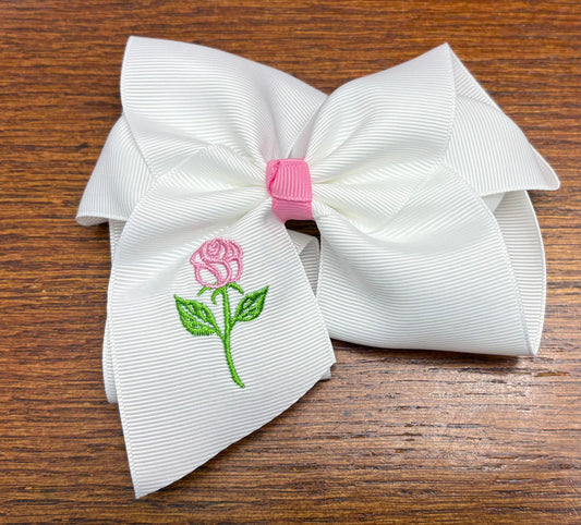 Pink Rose Embroidered Hair Bow