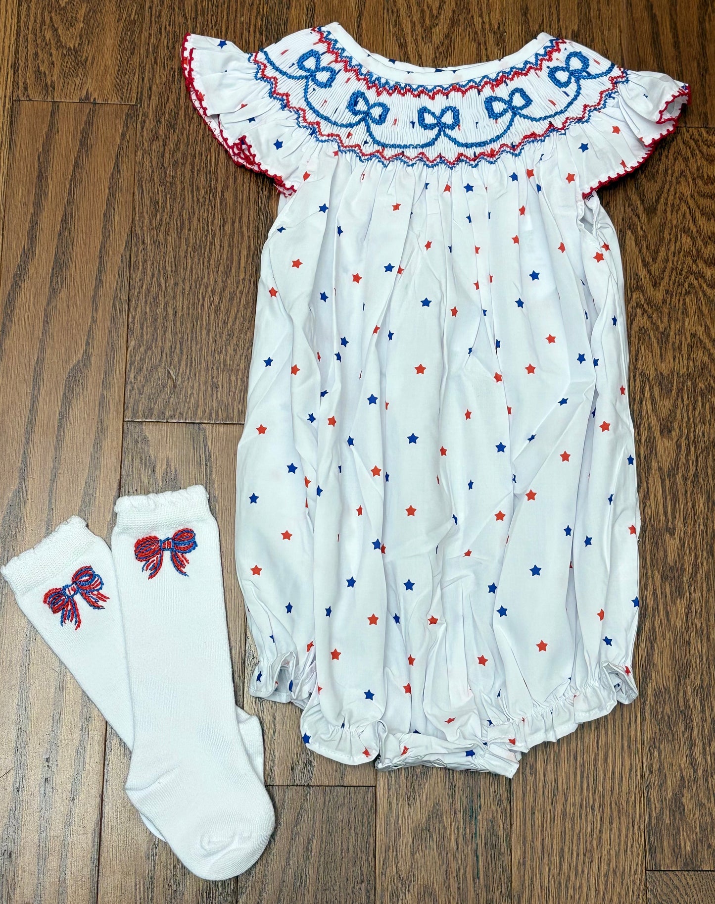 Smocked Red, White, and Blue Girl Bubble with Matching Socks