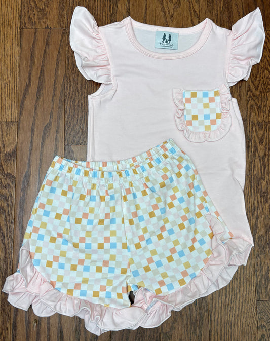 Checkered Patterned Pink Girl Short Set