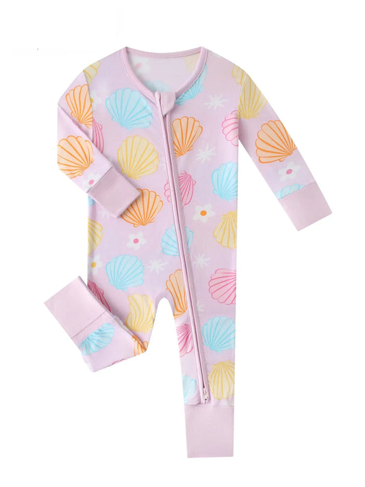 Posh Tot Pastel Seashell Bamboo Baby Convertible Zippy Romper