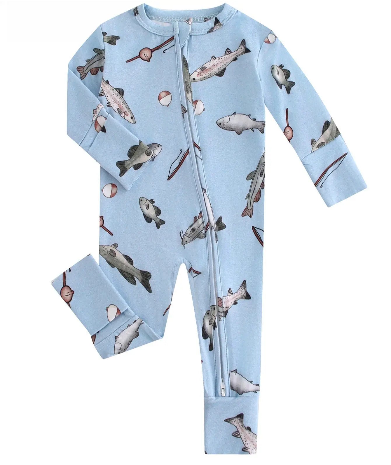 Poshtot Blue Fish Bamboo Baby Convertible Zippy Romper