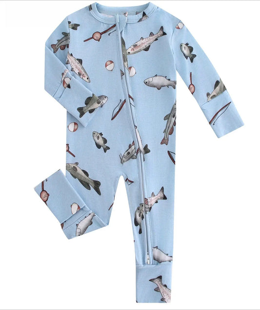Poshtot Blue Fish Bamboo Baby Convertible Zippy Romper