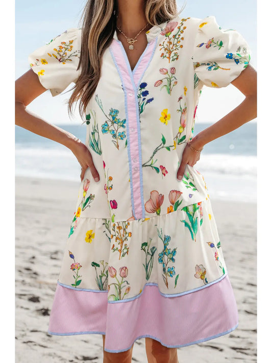 Boho Striped Floral Print Short Sleeve Mini Dress