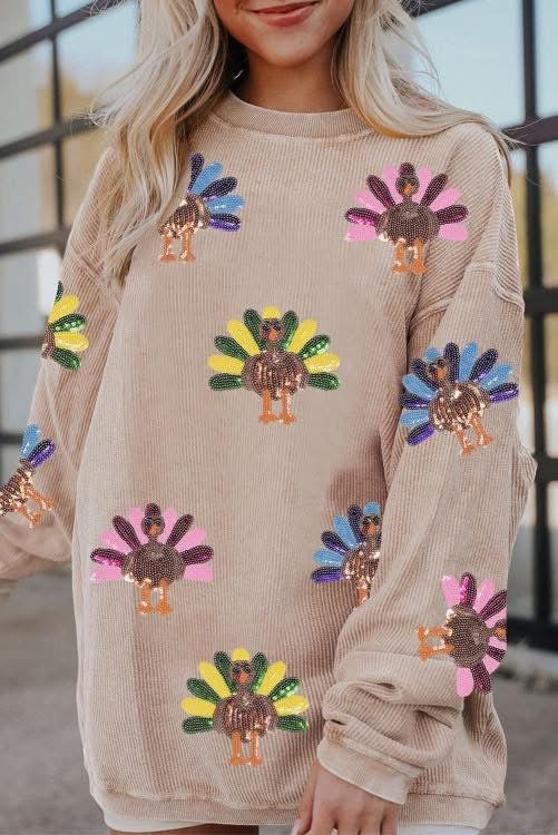 Apricot Turkey Graphic Corded Baggy Sweatshirt, Womens