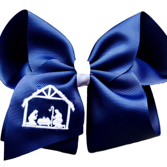 Navy nativity embroidered hair bow